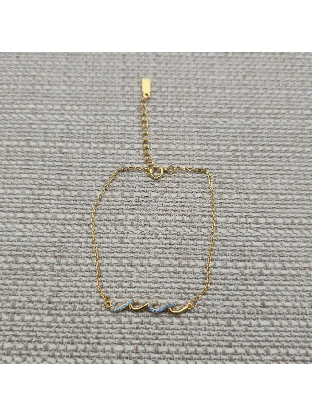 7+1 Inch Gold Over Sterling Silver Blue CZ Gem Wave Dainty Chain Bracelet A8156